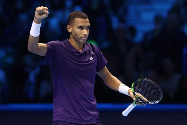 Felix Auger-Aliassime (Canada) celebrate after winning, day 6, Nitto ATP, Tennis Herren Finals 2025, INALPI Arena, November 14, 2025, Turin, Italy.