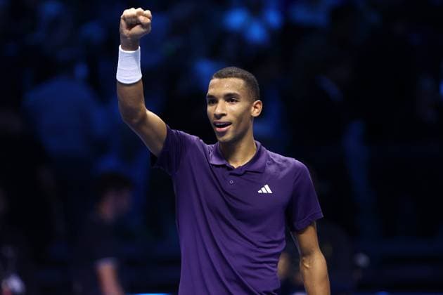Felix Auger-Aliassime (Canada) celebrate after winning, day 6, Nitto ATP, Tennis Herren Finals 2025, INALPI Arena, November 14, 2025, Turin, Italy.