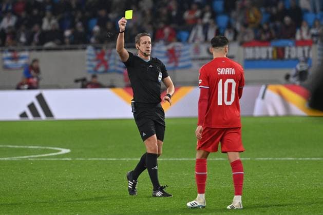 14 11 2025, xjrdrx, Football, World Cup Qualification 2026 Luxembourg Germany emspor, v l Daniel Sinani Luxembourg, 10 Yellow card, yellow card DFL DFB REGULATIONS PROHIBIT ANY USE OF PHOTOGRAPHS as IMAGE SEQUENCES and or QUASI VIDEO Luxembourg