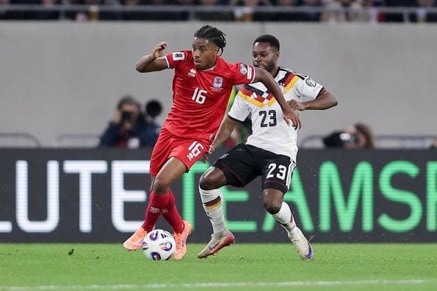 Leandro Barreiro Luxembourg 16 in duel with Ridle Baku Germany 23 Football, UEFA World Cup Qualification 2026, Season 2025 2026, Group A, European Qualifiers 14 11 2025 Luxembourg Germany Luxembourg vs Germany Stade de Luxembourg, Luxembourg
