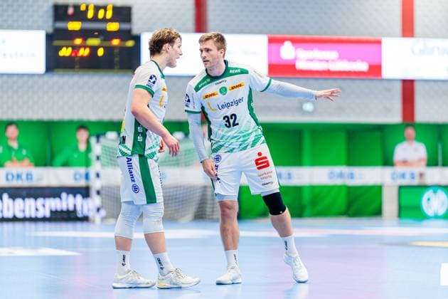 v l Blaer Hinriksson SC DHfK Leipzig, 44 , Franz Semper SC DHfK Leipzig, 32 GER, GWD Minden vs SC DHfK Leipzig, Handball, 1 Bundesliga, Matchday 12, Season 2025 2026, 14 11 2025 GER, GWD Minden vs SC DHfK Leipzig, Handball, 1 Bundesliga, Matchday 12, Season 2025 2026, 14 11 2025 Luebbecke Copyright: xEibner-Pressefoto JanxRollingerx EP_JSK