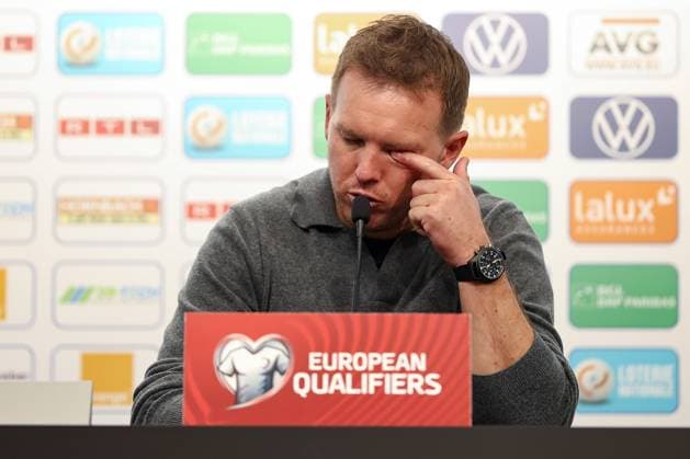 14 11 2025, Football, International match, World Cup Qualification Europe, Germany Luxembourg, Stade de Luxembourg Croix de Gasperich, Luxembourg , Matchday 9, Season 2025 2026 National coach Julian Nagelsmann GER hc at the post-match press conference Regulations prohibit any use of photographs as image sequences and or quasi video Luxembourg