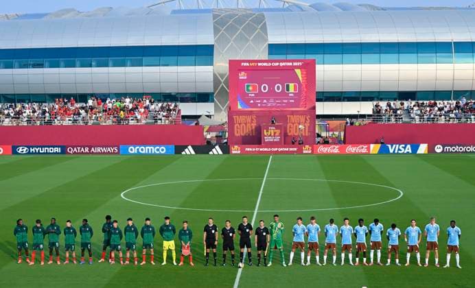 Portugal v Belgium : Round of 32- FIFA U-17 World Cup Qatar 2025 Players and referees line up prior to the FIFA U-17 World Cup Qatar 2025 Round of 32 match between Portugal and Belgium in Doha, Qatar, on November 14, 2025. DOHA Qatar Copyright: xNOUSHADxTHEKKAYILx