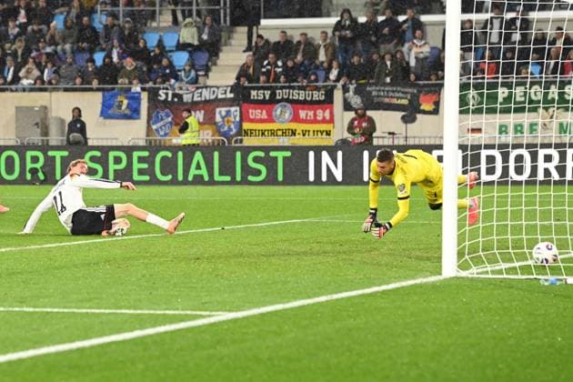 Nick WOLTEMADE GER scores the goal for 0 1 against goalkeeper Anthony MORIS LUX Luxembourg LUX Germany GER 0 2 Soccer international, World Cup Qualification Europe Group A, matchday 9, matchday9, on 14 1 2025, Stade de Luxembourg, Luxembourg, Â