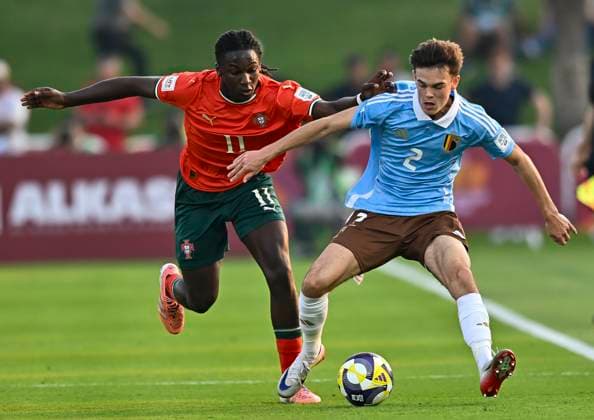 Portugal v Belgium : Round of 32- FIFA U-17 World Cup Qatar 2025 Stevan Manuel of Portugal and Arthur De Kimpe of Belgium in action during the FIFA U-17 World Cup Qatar 2025 Round of 32 match between Portugal and Belgium in Doha, Qatar, on November 14, 2025. DOHA Qatar Copyright: xNOUSHADxTHEKKAYILx