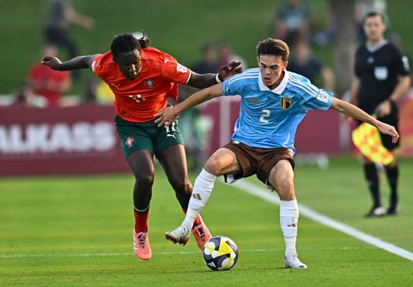Portugal v Belgium : Round of 32- FIFA U-17 World Cup Qatar 2025 Stevan Manuel of Portugal and Arthur De Kimpe of Belgium in action during the FIFA U-17 World Cup Qatar 2025 Round of 32 match between Portugal and Belgium in Doha, Qatar, on November 14, 2025. DOHA Qatar Copyright: xNOUSHADxTHEKKAYILx