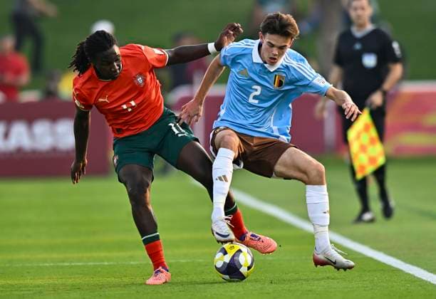 Portugal v Belgium : Round of 32- FIFA U-17 World Cup Qatar 2025 Stevan Manuel of Portugal and Arthur De Kimpe of Belgium in action during the FIFA U-17 World Cup Qatar 2025 Round of 32 match between Portugal and Belgium in Doha, Qatar, on November 14, 2025. DOHA Qatar Copyright: xNOUSHADxTHEKKAYILx