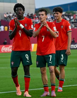 Portugal v Belgium : Round of 32- FIFA U-17 World Cup Qatar 2025 Anisio Cabral (L) of Portugal celebrates after scoring the second goal during the FIFA U-17 World Cup Qatar 2025 Round of 32 match between Portugal and Belgium in Doha, Qatar, on November 14, 2025. DOHA Qatar Copyright: xNOUSHADxTHEKKAYILx