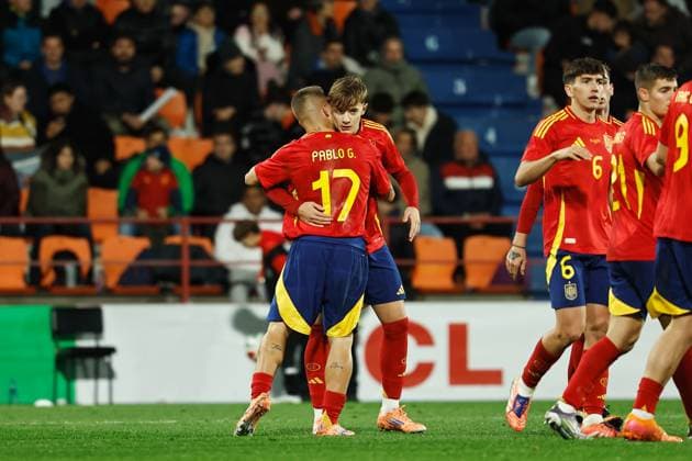 Jesus Rodriguez (ESP), NOVEMBER 14, 2025 - Football Soccer :Jesus Rodriguez celebrate with team players after his goal during UEFA Under-21 Championship 2027 qualifying round match between U21, U 21 Spain - U21 San Marino at the Estadio Angel Carro in Lugo, Spain. Noxthirdxpartyxsales  aflo_310442631