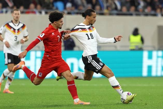 LEROY SANE, Germania, AIMAN DARDARI, Lussemburgo, World Cup 2026 Qualyfing, Luxembourg vs Germany 0-2, 14-11-2025, Contrasto, Action QUALIFICAZIONI MONDIALI 2026 LUSSEMBURGO-GERMANIA 0-2