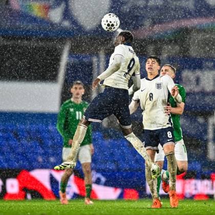 14th November 2025; St Andrews, Birmingham, Midlands, England; UEFA European Under 21 Championship Qualifying, England versus Republic of Ireland; Divin Mubama of England U21, U 21 wins a header ahead of teammate Lewis Miley  GodfreyxPitt