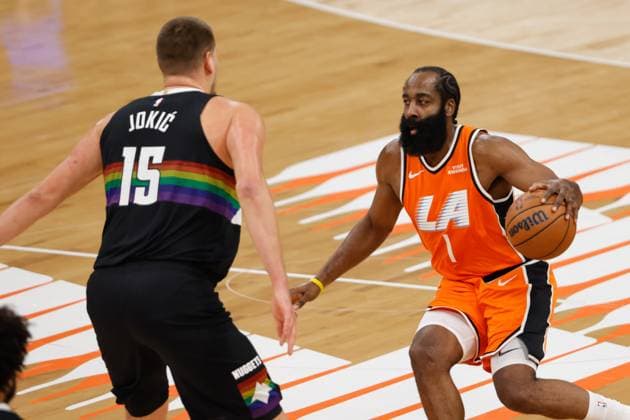 LOS ANGELES, CA - NOVEMBER 12: LA Clippers guard James Harden (1) dribbles the ball against Denver Nuggets center Nikola Jokic (15) during the NBA, Basketball Herren, USA game between the Denver Nuggets and the LA Clippers on November 12, 2025, at the Intuit Dome in Inglewood, CA. (Photo by Jevone Moore Icon Sportswire) NBA: NOV 12 Denver Nuggets at LA Clippers EDITORIAL USE ONLY Icon20251112009