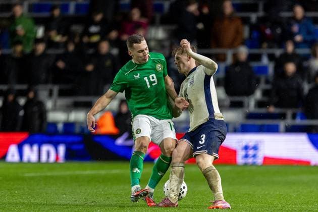 U21, U 21 England v U21 Republic of Ireland U21 UEFA EUROPEAN CHAMPIONSHIPS 14 11 2025. Republic of Ireland midfielder Darius Lipsiuc (19) fouls England defender Lewis Hall (3) during the U21 UEFA EUROPEAN CHAMPIONSHIPS match between U21 England and U21 Republic of Ireland at the St Andrew s @ Knighthead Park, Birmingham, England on 14 November 2025. Editorial use only , Copyright: xManjitxNarotrax PSI-23213-0108