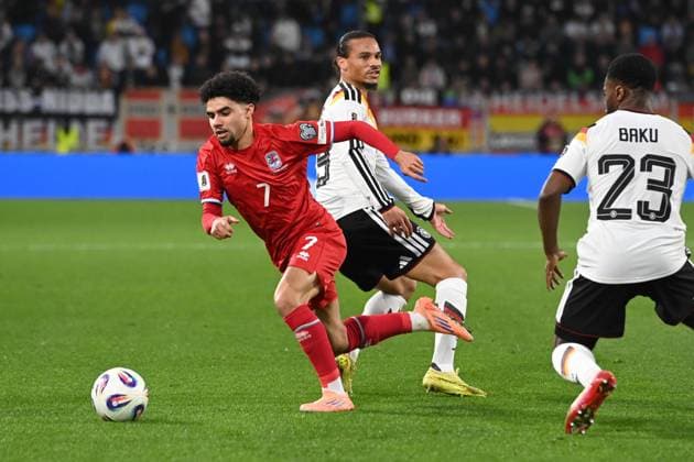 Aiman DARDARI LUX vs Leroy SANE GER Action, duel, Luxembourg LUX Germany GER 0 2 Soccer international, World Cup Qualification Europe Group A, matchday 9, matchday9, on 14 1 2025, Stade de Luxembourg, Luxembourg, Â