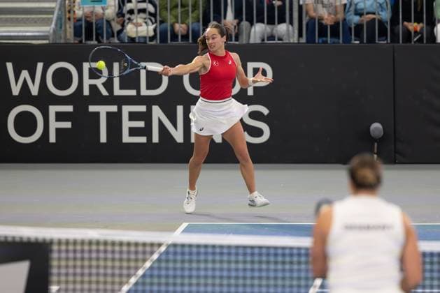 Billie Jean King Cup 2025 Play Offs, TC Ismaning, Munich, Germany, Team Turkiye, Ladies Doubles, Women s Doubles, Doubles, Zeynep Sonmez, Ayla Aksu Bandana Tennis Billie Jean King Cup 2025 ITF Billie Jean King Cup TC Ismaning Ismaning Bavaria Germany 14 November 2025 Copyright: xJuergenxHasenkopfx