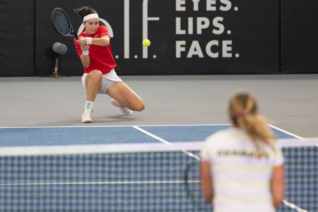 Billie Jean King Cup 2025 Play Offs, TC Ismaning, Munich, Germany, Team Turkiye, Ladies Doubles, Women s Doubles, Doubles, Zeynep Sonmez, Ayla Aksu Bandana Tennis Billie Jean King Cup 2025 ITF Billie Jean King Cup TC Ismaning Ismaning Bavaria Germany 14 November 2025 Copyright: xJuergenxHasenkopfx