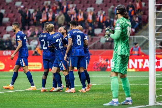 Poland Vs Netherlands during the 2026 FIFA World Cup, WM, Weltmeisterschaft, Fussball Qualifier Group G match in Warsaw, Poland Team of Netherlands celebrate a goal during the 2026 FIFA World Cup Qualifier Group G match between Poland and Netherlands at PGE Narodowy Stadium. Copyright: xMikolajxBarbanellx