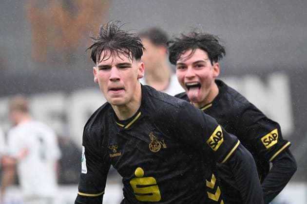 15 11 2025, Football U17 DFB Youth League, Preliminary Round, Group G, Season 2025 2026, Borussia Moenchengladbach 1 FC Koeln at the Fohlenstadion in Moenchengladbach Luca Mijatovic 1 FC Koeln U17, 11 celebrates his goal for 3 2 Photo Kirchner Media Thomas Haesler Copyright: xKirchner-Media ThomasxHaeslerx