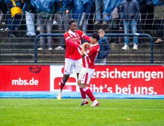 Football, Men, Season 2025 2026, Brandenburg State Cup quarter-final , SV Babelsberg 03 FC Energie Cottbus, f l King Manu Energie Cottbus , Can Moustfa Energie Cottbus , Cheering after scoring 0 1, 15 11 2025, Copyright: xSebastianxRäppold MatthiasxKochx