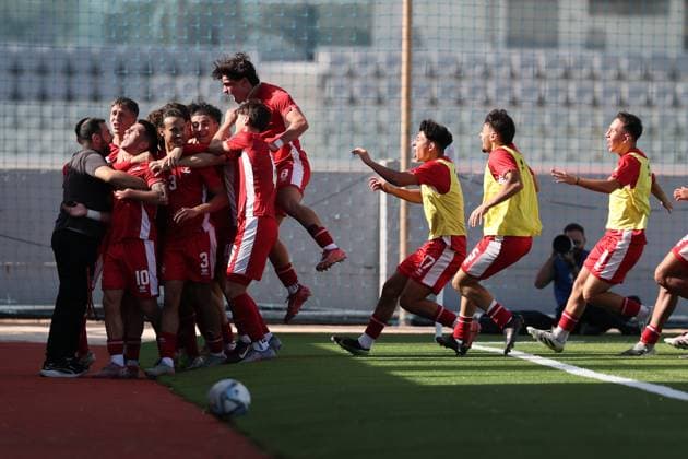 Malta players celebrate scoring the 1-2 goal during the 2025 26 UEFA European Under-19 Championship qualifying round group 13 soccer match between Czechia U-19 and Malta U-19 at the Centenary Stadium, Ta Qali, Malta on 15 November 2025. Czechia v Malta Under-19 UEFA European Qualifying