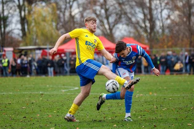 left Max Rocher Penzlin vs Lukas Wallner Rostock GER, Penzliner SV vs FC Hansa Rostock, Football, Men, Landespokal Lübzer Pilscup, Round of 16, Season 2025 2026, 15 11 2025 Penzlin Data Experts Sportpark Mecklenburg Vorpommern Germany