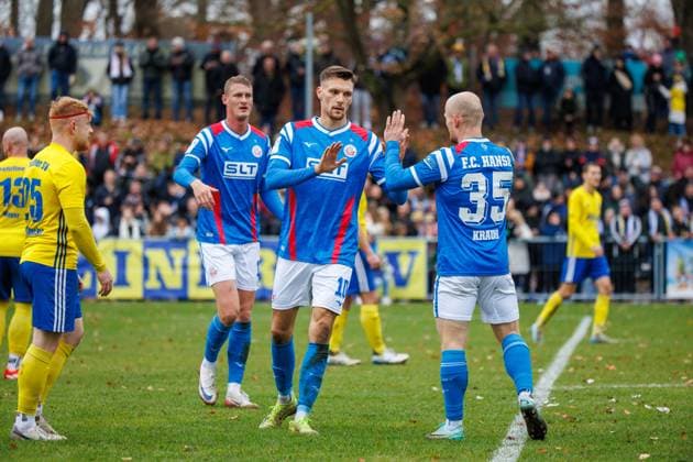 Goal celebration 0 2 from left Emil Frost Holten Rostock , Goalscorer Paul Stock Rostock and Maximilian Krauß Rostock GER, Penzliner SV vs FC Hansa Rostock, Football, Men, State Cup Lübzer Pilscup, Round of 16, Season 2025 2026, 15 11 2025 Penzlin Data Experts Sportpark Mecklenburg Vorpommern Germany