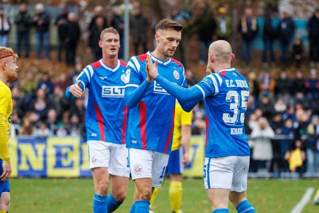 Goal celebration 0 2 from left Emil Frost Holten Rostock , Goalscorer Paul Stock Rostock and Maximilian Krauß Rostock GER, Penzliner SV vs FC Hansa Rostock, Football, Men, State Cup Lübzer Pilscup, Round of 16, Season 2025 2026, 15 11 2025 Penzlin Data Experts Sportpark Mecklenburg Vorpommern Germany