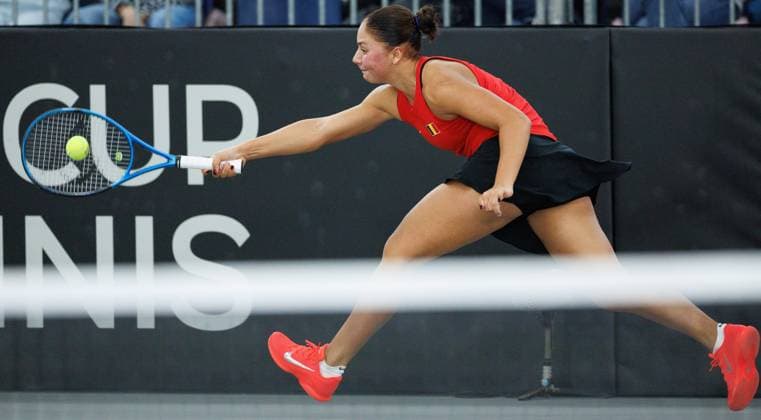 Belgian Sofia Costoulas pictured during the first game between Belgian Costoulas and Turkish Aksu in the Billie Jean King Cup Play-offs, between Belgium and Turkey, on Saturday 15 November 2025 in Ismaning, Germany. PHOTO BENOITxDOPPAGNE  x141765913x