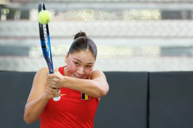 Belgian Sofia Costoulas pictured during the first game between Belgian Costoulas and Turkish Aksu in the Billie Jean King Cup Play-offs, between Belgium and Turkey, on Saturday 15 November 2025 in Ismaning, Germany. PHOTO BENOITxDOPPAGNE  x141766772x