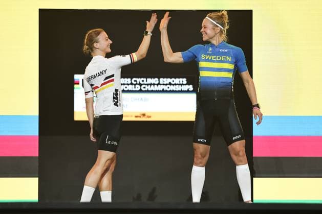 2025 UCI Cycling Esports World Championships powered by MyWhoosh Picture by Alex Whitehead SWpix.com - 15 11 2025 - Cycling - 2025 UCI Cycling Esports World Championships powered by MyWhoosh - Space42 Arena, Abu Dhabi, UAE - Elite Women - Merle BrunnÃ e (Germany) and Johanna Tidholm (Sweden) Abu Dhabi Space42 Arena United Arab Emirates Copyright: x xSWpix.comx(t axPhotographyxHubxLtd)xAlexxWhitehead SWpix.comx SWP-3030-12077