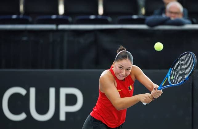 Belgian Sofia Costoulas pictured during the first game between Belgian Costoulas and Turkish Aksu in the Billie Jean King Cup Play-offs, between Belgium and Turkey, on Saturday 15 November 2025 in Ismaning, Germany. PHOTO BENOITxDOPPAGNE  x141767174x
