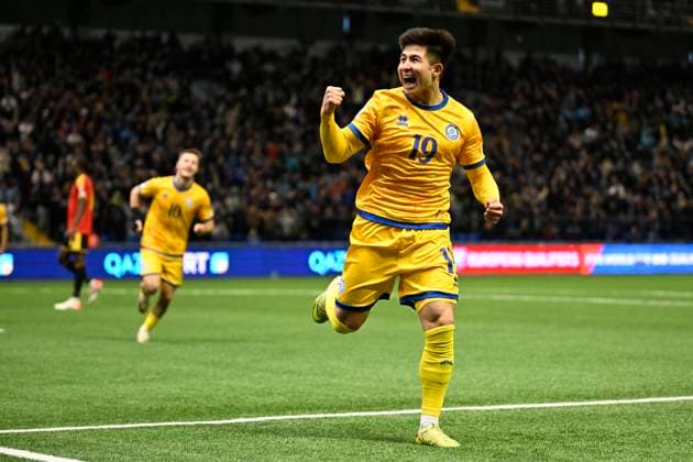 Kazakhstan v Belgium - FIFA World Cup, WM, Weltmeisterschaft, Fussball 2026 UEFA Qualifiers NUR-SULTAN, KAZAKHSTAN - NOVEMBER 15 : Satpayev Dastan celebrates after scoring during the FIFA World Cup 2026 UEFA European Qualifiers group J match between Kazakhstan and Belgium on November 15, 2025 in Nur-Sultan, Kazakhstan, 15 11 2025 Nur-Sultan Kazakhstan  Copyright: xJanxDexMeuleneirx