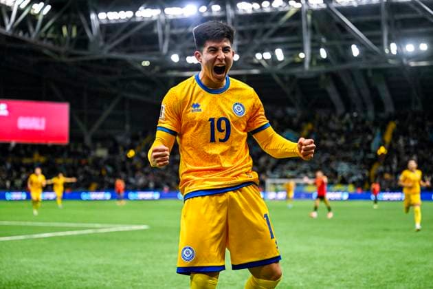 Kazakhstan v Belgium - FIFA World Cup, WM, Weltmeisterschaft, Fussball 2026 UEFA Qualifiers NUR-SULTAN, KAZAKHSTAN - NOVEMBER 15 : Satpayev Dastan celebrates after scoring during the FIFA World Cup 2026 UEFA European Qualifiers group J match between Kazakhstan and Belgium on November 15, 2025 in Nur-Sultan, Kazakhstan, 15 11 2025 Nur-Sultan Kazakhstan  Copyright: xJanxDexMeuleneirx