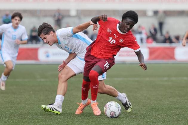 U19 Switzerland San Marino Gabriele Montali vs Miguel Mardochee 15 11 2025 Stadion Esp Baden AG, SWITZERLAND, Season 2025 2026 Men Soccer UEFA U19 European Championship Qualification Switzerland San Marino Gabriele Montali li,San Marino vs Miguel Mardochee Switzerland