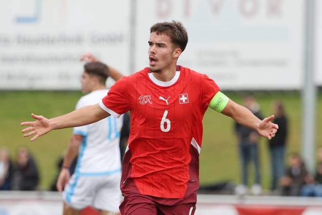 U19 Switzerland San Marino Goal celebration Elio Rufener Switzerland 15 11 2025 Stadion Esp Baden AG, SWITZERLAND, Season 2025 2026 Men Football UEFA U19 European Championship Qualification Switzerland San Marino Goal celebration Elio Rufener Switzerland
