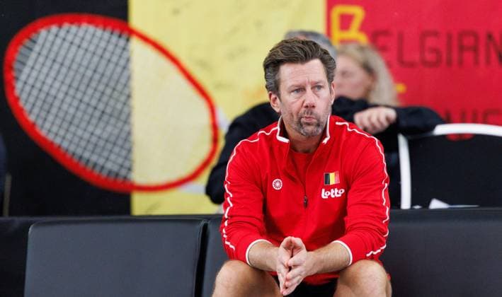 Belgian team captain Wim Fissette looks pensive during the first game between Belgian Costoulas and Turkish Aksu in the Billie Jean King Cup Play-offs, between Belgium and Turkey, on Saturday 15 November 2025 in Ismaning, Germany. PHOTO BENOITxDOPPAGNE  x141773839x