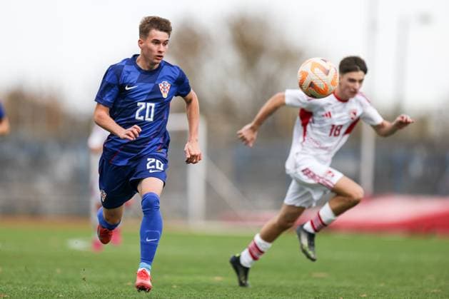 European Championships qualifiers match, Croatia U-19, Gibrltar U-19 Luka Vrzic of Croatia in action during round 2 of European Championships 2026 qualifiers match between U19 Croatia and U19 Gibraltar at Branko Cavlovic-Cavlek Stadium on November 15, 2025 in Karlovac, Croatia.  IgorxKralj PIXSELL
