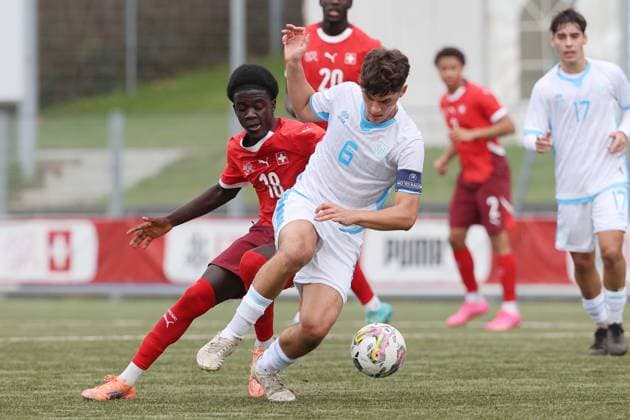 U19 Switzerland San Marino Miguel Mardochee vs Diego Marani 15 11 2025 Stadion Esp Baden AG, SWITZERLAND, Season 2025 2026 Men Soccer UEFA U19 European Championship Qualifier Switzerland San Marino Miguel Mardochee li,Switzerland vs Diego Marani San Marino