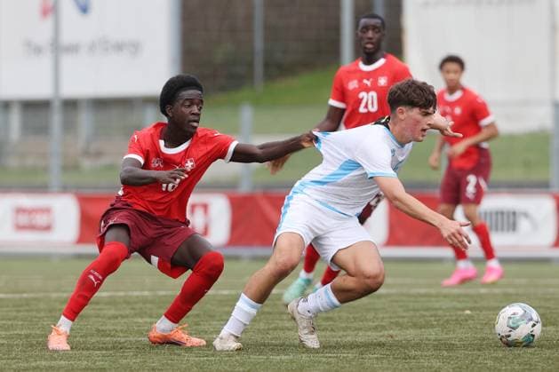 U19 Switzerland San Marino Miguel Mardochee vs Diego Marani 15 11 2025 Stadion Esp Baden AG, SWITZERLAND, Season 2025 2026 Men Soccer UEFA U19 European Championship Qualifier Switzerland San Marino Miguel Mardochee li,Switzerland vs Diego Marani San Marino