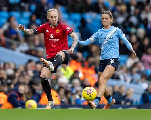 15th November 2025; Etihad Stadium, Manchester, England; Womens Super League Football, Manchester City versus Manchester United, ManU Leah Galton of Manchester United Women under pressure from Kerstin Casparji of Manchester City Women  TimxWilliams