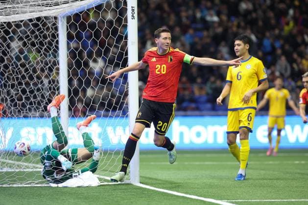 Belgium s Hans Vanaken celebrates after scoring during a soccer game between Kazakhstan and Belgium s Red Devils, Saturday 15 November 2025 in Astana, Kazakhstan, qualification game 7 8 for the 2026 FIFA World Cup, WM, Weltmeisterschaft, Fussball VIRGINIExLEFOUR  x141778489x