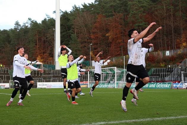 15 11 2025, xrekx, Fussball Regionalliga Suedwest, FC Homburg SV Sandhausen v l SV Sandhausen Mannschaft, Spieler, jubeln nach Spielende, Team, Player, celebrate at the end of the match Polizei DFL DFB REGULATIONS PROHIBIT ANY USE OF PHOTOGRAPHS as IMAGE SEQUENCES and or QUASI VIDEO Homburg