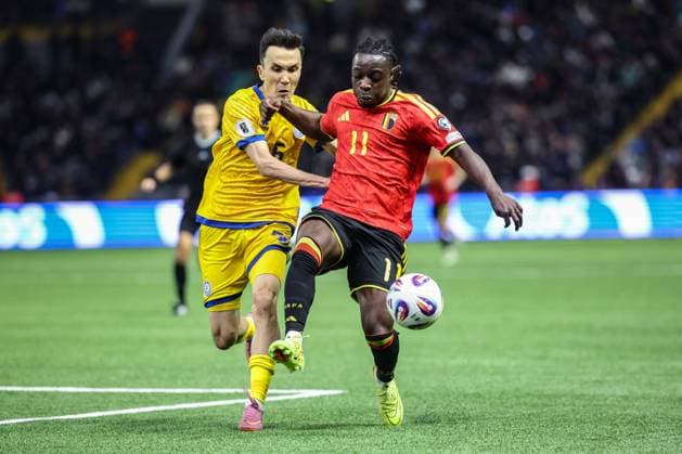 Belgium s Jeremy Doku pictured in action during a soccer game between Kazakhstan and Belgium s Red Devils, Saturday 15 November 2025 in Astana, Kazakhstan, qualification game 7 8 for the 2026 FIFA World Cup, WM, Weltmeisterschaft, Fussball VIRGINIExLEFOUR  x141781049x