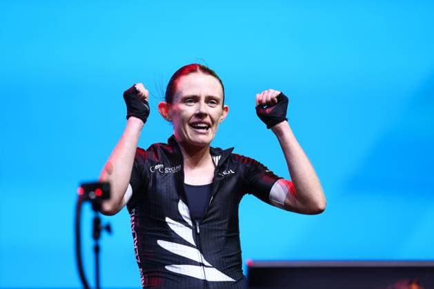 2025 UCI Cycling Esports World Championships powered by MyWhoosh Picture by Alex Whitehead SWpix.com - 15 11 2025 - Cycling - 2025 UCI Cycling Esports World Championships powered by MyWhoosh - Space42 Arena, Abu Dhabi, UAE - Elite Women - Kate McCarthy (New Zealand) Celebrates becoming World Champion Abu Dhabi Space42 Arena United Arab Emirates Copyright: x xSWpix.comx(t axPhotographyxHubxLtd)xAlexxWhitehead SWpix.comx SWP-3030-12118
