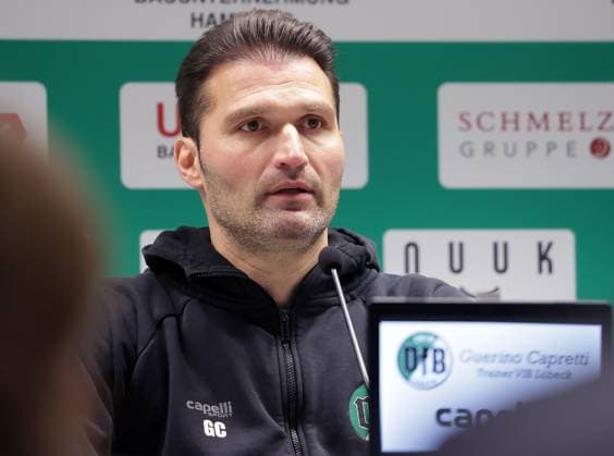 Guerino Capretti VfB Luebeck Football, Men, Season 2025 2026, RL Nord, VfB Luebeck vs SV Meppen 1 5 DFL REGULATIONS PROHIBIT ANY USE OF PHOTOGRAPHS AS IMAGE SEQUENCES AND OR QUASI VIDEO