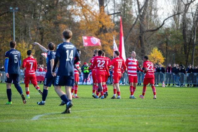 Greifswalder FC celebrates after the goal GER, Football, Men, State Cup, Round of 16, M V Cup, Mecklenburg-Vorpommern Cup, FSV Blau Weiß Greifswald v Greifswalder FC, Final score 0 8