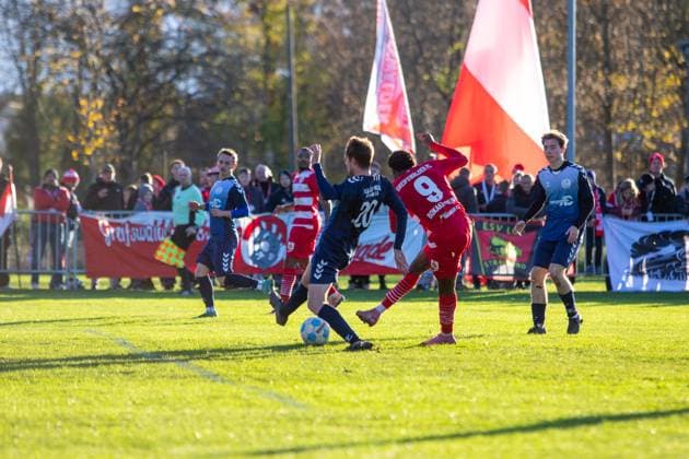 Grace Honore Bokake Bolufe GFC, right shot on goal GER, Football, Men, State Cup, Round of 16, M V Cup, Mecklenburg-Vorpommern Cup, FSV Blau Weiß Greifswald v Greifswalder FC, Final score 0 8