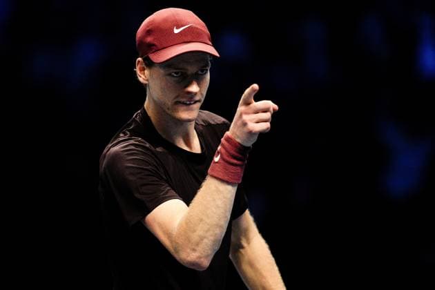 Italy s Jannik Sinner react after victory the singles semi-finals tennis match of the ATP, Tennis Herren World Tour Finals against Australia s Alex de Minaur at the Inalpi Arena in Turin, Italy - Saturday, Nov. 15, 2025. -  Copyright: xMarcoxAlpozzi LaPressex
