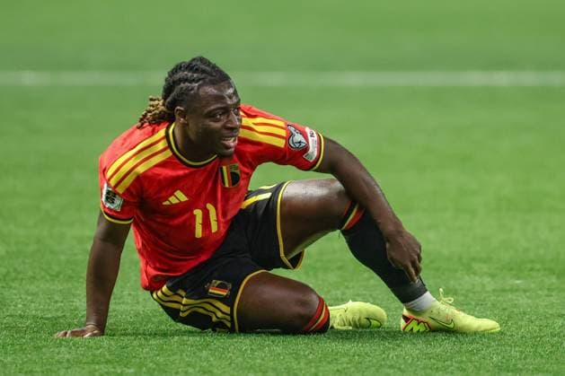 Belgium s Jeremy Doku reacts during a soccer game between Kazakhstan and Belgium s Red Devils, Saturday 15 November 2025 in Astana, Kazakhstan, qualification game 7 8 for the 2026 FIFA World Cup, WM, Weltmeisterschaft, Fussball VIRGINIExLEFOUR  x141786330x