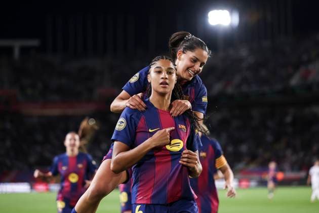 November 15, 2025, Barcelona, Barcelona, Spain: Sydney Joy Schertenleib of FC Barcelona, Barca celebrates a goal during the Spanish Women league, Liga F, football match played between FC Barcelona and Real Madrid CF at Estadi Olimpic Lluis Companys on November 15, 2025 in Barcelona, Spain. Barcelona Spain - ZUMAa181 20251115_zaa_a181_060 Copyright: xJavierxBorregox